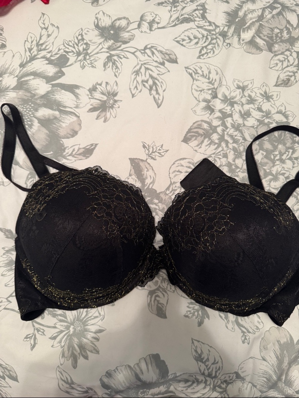 Women's Black Lace Balconette Bra with Gold Accent